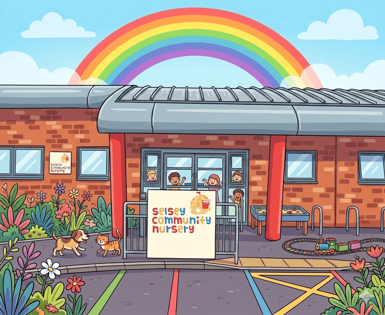 Illustrated view of Selsey Community Nursery — rainbow over the building, children at the windows, the playground and garden out front